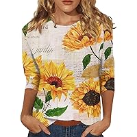 3/4 Sleeve T Shirts for Women 2024 Sunflower Print Casual Fashion Trendy Pretty with Round Neck Tunic Blouses