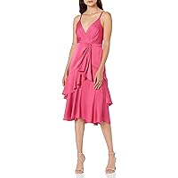 Maggy London Women's Spaghetti Strap Fit and Flare Faux Wrap with Cascade and Ruffle Event Party Date Guest of