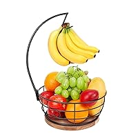 Countertop Fruit Basket Bowl with Banana Hanger, Modern Standing Fruit Vegetable Bowl Storage, with Banana Tree Holder for Kitchen Dinning Table (Round Wood, Black)