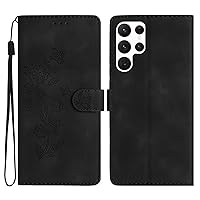 Galaxy S24 Ultra Case Wallet for Women, Card Holder Folding Flip Design Embossing Flower Leather Magnetic Folio Cover Compatible with Samsung Galaxy S24 Ultra (Black)
