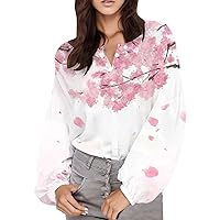 Loose Crop Tops for Women Workout Women's Autumn Floral Print Button Fashion Casual Bubble Sleeve Long Sleeve