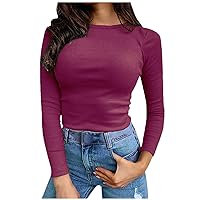 Women's Crew Neck Slim Fitted Tops Ribbed Long Sleeve T-Shirts Fall Casual Basic Sexy Bodycon Tee Shirts