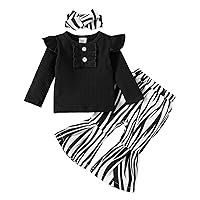 Outfits for Kids Infant Newborn Baby Girls Long Ruffled Sleeve Solid Ribbed Tops Striped Print Girls (Black, 3-6 Months)