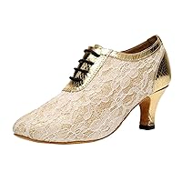 TDA Women's Fashion Lace-up Mid Heel Lace Salsa Samba Modern Latin Dance wedding Shoes