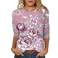 3/4 Sleeve Tops for Women Crewneck Cute Shirts Ladies Casual Floral Print Trendy Blouses Three Quarter Length T Shirt