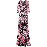 Women's 3/4 Sleeve V-Neck Printed Maxi Faux Wrap Dress Black Red M