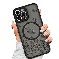 AIGOMARA Magnetic Case for iPhone 15 Pro Max [Compatible with MagSafe] Cute Black Flower Floral Case for Women Girls Soft TPU Bumper Hard PC Back Anti-Fall Shockproof Protective Slim Cover