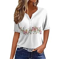 Casual V Neck Button Down Women Tops Short Sleeve T Shirt 2024 Trendy Going Out Printed Summer Blouse