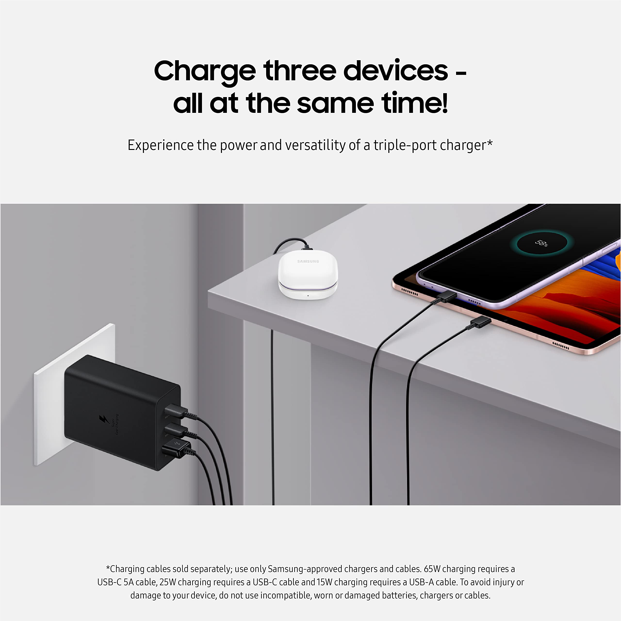Samsung 65W 3-Port Super Fast Charging Wall Charger, 1x USB-C 65W, 1x USB-C 25W, 1x USB-A 25W, Max capacity 65W (Cable not included), Black, US version