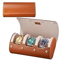 Watch Roll Case Organizer - Watch Travel Case for Men and Women - 3 Watch Carrying Case and Display - Brown with Ivory Interior
