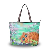 My Daily Women Tote Shoulder Bag Cute Cat And Flower Tree Spring Landscape Handbag Large
