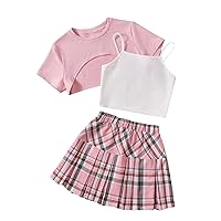 COZYEASE Girls 3 Piece Skirt Set Cami Top and Plaid Pleated Skirt Set with High Low Hem Crop Top 3 Piece Outfits