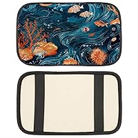 1PCS Car Center Console Cover, Ocean Wave Fishes Pattern Armrest Seat Box Cushion Pad, Non-Slip Car Interior Accessories for Most Vehicle, SUV, Truck, Car