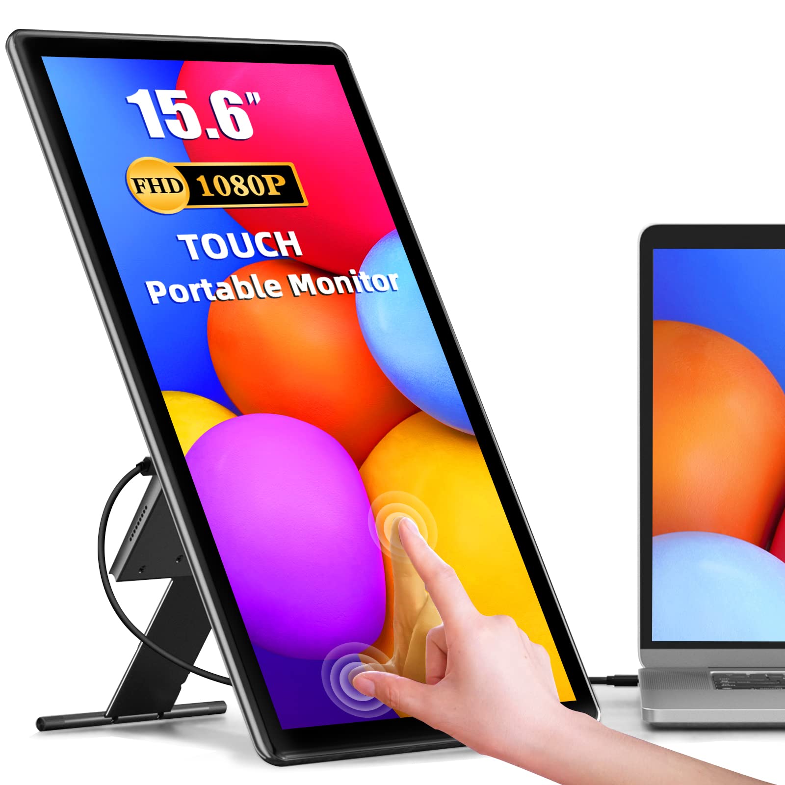 Portable Monitor Touchscreen Kickstand, 15.6" Freestanding Touch USB C Monitors, 2000:1 Contrast Ratio 1080P 100% sRGB IPS External Screen with...