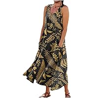 Women's Summer Plus Size Casual Maxi Linen Fashion Printed Sleeveless Round Neck Pocket Loose Dress for Women 2024