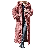Plus Size Cardigan Coat for Women Knit Coarse Fleece Casual Solid Color Button Closure Hooded Tops Sweaters(Red 5XL)