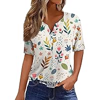 Summer Tops for Women 2024 V- Neck Shirt Tee Print Button Short Sleeve Daily Weekend Fashion Basic Regular Top