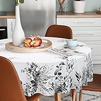 Eucalyptus Leaves Tablecloth Waterproof Fabric,Round Watercolor Oil-Proof Wrinkle Resistant Table Cover for Dining Table, Buffet Parties and Campin,Black Leaves(60