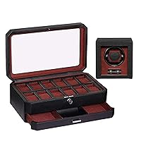 Gift Set 12 Slot Leather Watch Box with Valet Drawer & Matching Single Watch Winder - Luxury Watch Case Display Organizer, Locking Mens Jewelry Watches Holder, Men's Storage Boxes Glass Top Black/Red