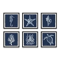 Blue Ocean Sea life Wall Art: 6 pieces Nautical Beach Coastal Turtle Starfish Painting Seahorse Octopus Picture and Coral Artwork Print on Navy Blue Photo for Bathroom Bedroom(13''x13'')