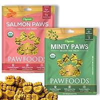 PawFoods Organic Dog Treats for Dental Health & Shiny Coat, Minty Fresh Breath & Salmon Skin Boost, Low Cal Training Snacks, Teeth Strength, Omega 3 & 6, Healthy Mints, 60 Treats, 170g, Made in USA