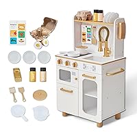 Teamson Kids Little Chef Memphis Wooden Play Kitchen with Interactive, Realistic Features, and 16 Kitchen Accessories for 3yrs and up, Light Oak/Faux White Marble/Gold
