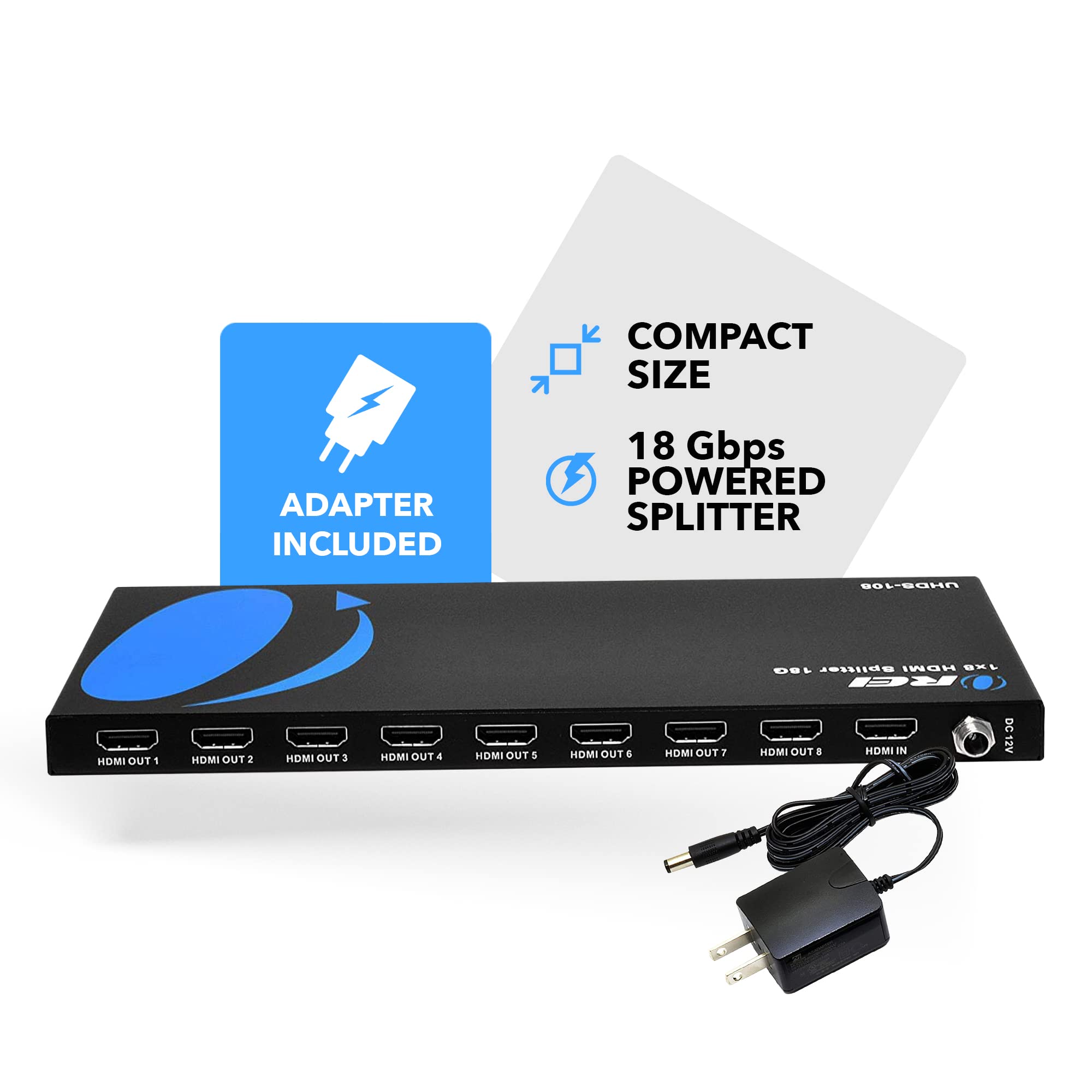 OREI 1x8 2.0 HDMI Splitter 1 in 8 Out Ports with Full Ultra HDCP 2.2, 4K at 60Hz & 3D Supports EDID Control - Upto 30 Feet HDMI Cable