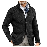 Men's Cardigan Sweaters with Buttons Cable Knit Lapel Open Front Cardigan Solid Ribbed Thick Work Cardigan Sweaters