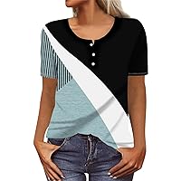 Women Short Sleeve Tops Casual Crew Neck Button Down Tees Fashion Graphic Basic T-Shirts Spring Trendy Blouse 2024