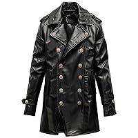 Black Genuine Sheepskin Mid-Length Leather Coat for Men: Double-Breasted Military Style with Soft Lapel Collar