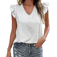 Tank Top for Women 2024 Summer Casual Trendy Lace Ruffle Sleeve V-Neck White T-Shirt Pullover Blouse Vest