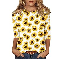 3/4 Length Sleeve Womens Tops Sunflower Print Casual Loose Fit Crewneck T Shirts Cute Tunic Tops Trendy Blouses