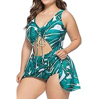 Wellwits Women's Plus Size Strappy Tropical Leaf Cutout Swimdress Swimsuit