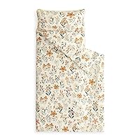 Wake In Cloud - Toddler Nap Mat with Pillow and Blanket, for Kids Boys Girls in Daycare Preschool Kindergarten, Roll Up Sleeping Bag, Floral Orange Flowers on Cream, Standard Size