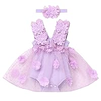 Newborn Baby Girl 1st Birthday Outfit Lace Tulle Romper Dress with Floral Headband Cake Smash Photo Props