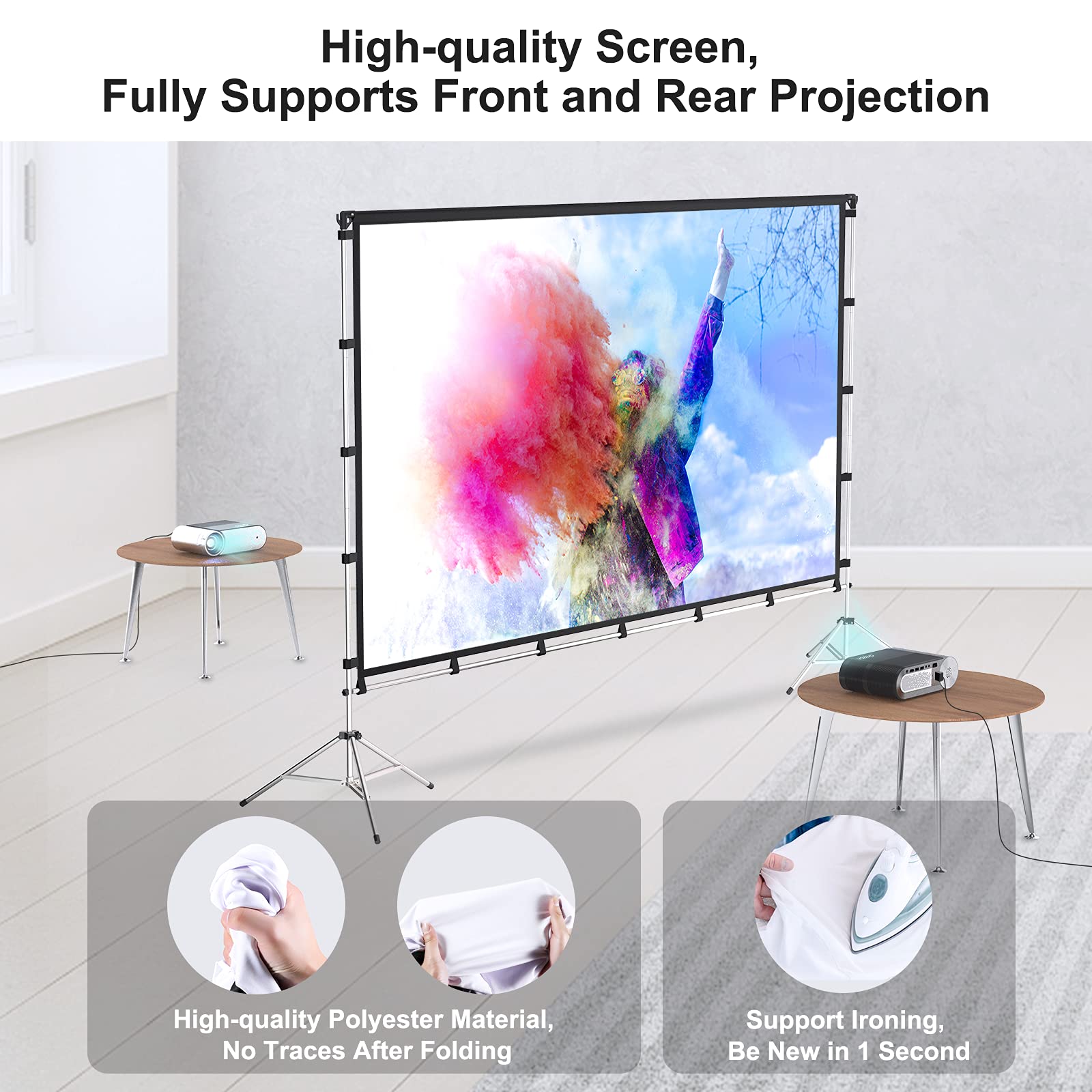 Projector Screen with Stand, Vamvo 100 inch Portable Foldable Projection Screen 16:9 HD 4K Indoor Outdoor Projector Movies Screen with Carrying Bag for Home Theater Camping and Recreational Events