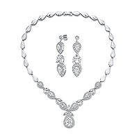 Bridal Jewelry Set Art Deco Vintage Estate Style Cubic Zirconia Marquise Leaf Teardrop AAA CZ Statement Cleavage Choker Necklace & Chandelier Dangle Clip On Or Pierced Earrings For Women Pageant