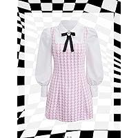 Women Dresses Plaid 2 in 1 Bow Front Bishop Sleeve Tweed Dress (Color : Pink, Size : Small)