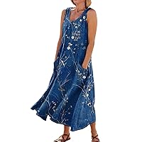 Women Linen Dress Floral Dress for Women 2024 Summer Bohemian Print Casual Loose Fit with Sleeveless U Neck Linen Dresses Blue XX-Large