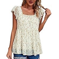 Women's Floral Print Ruffle Cap Sleeve Blouse Casual Boho Square Neck Tiered Flowy Ruffle Shirts Babydoll Summer Tops
