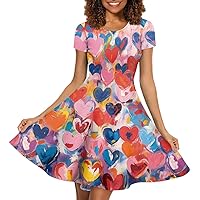 Women's Casual Pink Love Heart Printed Short Sleeve A-Line Swing Party T Shirt Midi Dress