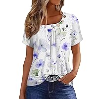 Summer Outfits for Women,Womens Vintage Floral Print Button Up Crewneck Short Sleeve Shirts Loose Summer Outfits