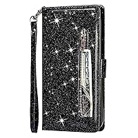 Wallet Case Compatible with Huawei P20, Zipper Glitter PU Leather Phone Cover with Lanyard for Huawei P20 (Black)