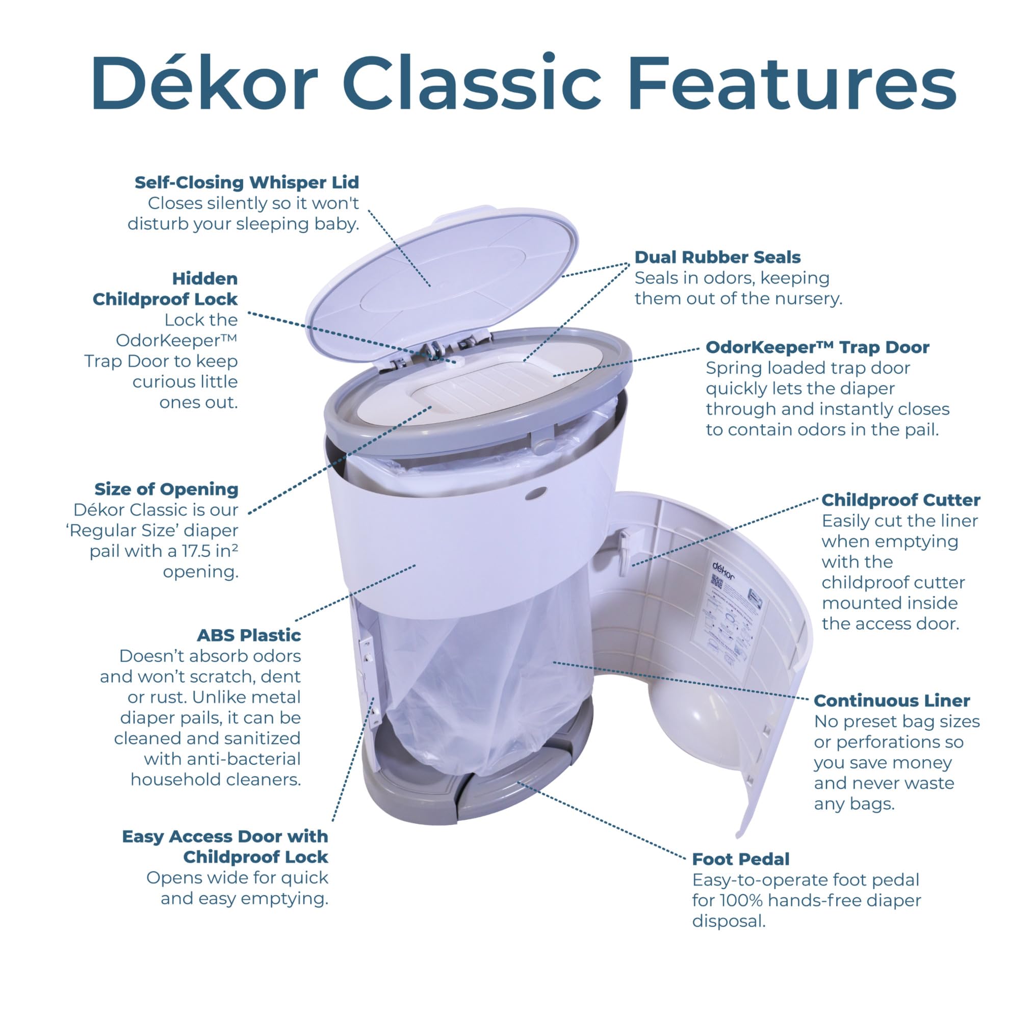 Dekor Classic Hands-Free Diaper Pail | White | Easiest to Use | Just Step – Drop – Done | Doesn’t Absorb Odors | 20 Second Bag Change | Most Economical Refill System