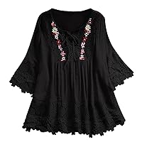 Women's Boho Gauze Shirt Blouses Embroidered Floral Graphic Loose Fit 2024 Ruffle Front Lace Tops Hippie Long Sleeve
