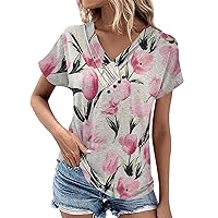 Womens Trendy Loose Summer T-Shirt 2024 Casual Crew/V Neck Solid Short Sleeve Blouse Button Down Soft Comfy Tops
