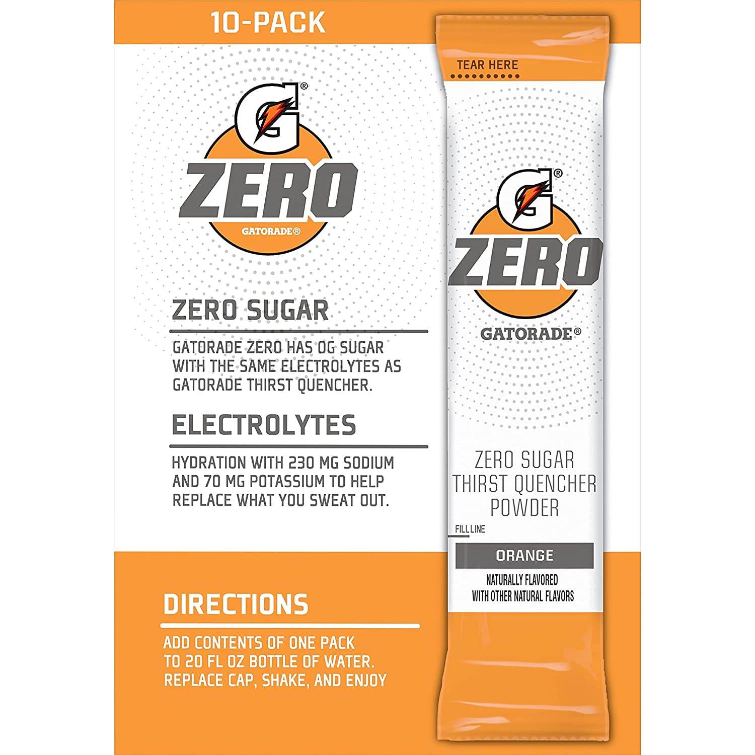 The Gatorade Gatorade G Zero, Sugar Free Powder Sticks, 0.10oz Packets (Mixes with 20 ounces of Water) 10 Pack (Orange), 20 Fl Oz (Pack of 10)