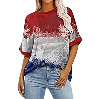 4th of July Blouse for Women Patriotic Shirts for Women 2024 American Print Vintage Fashion Loose Fit with Short Sleeve Round Neck Blouses Wine Small