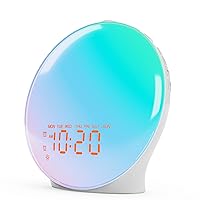 Wake Up Light Sunrise Alarm Clock for Kids, Bedroom, Full Screen with Sunrise Simulation, Dual Alarm, FM Radio, 15 Nightlights, 8 Sounds, Sleep Timer