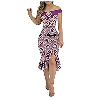 Vintage Dress for Women, Floral Maxi Dress Womens Maxi Dress One Shoulder Dress Women's Trendy Irregular Hem Sexy Backless Flower Print Casual Midi Fashion A-Line Loose Dress (Purple,3X-Large)